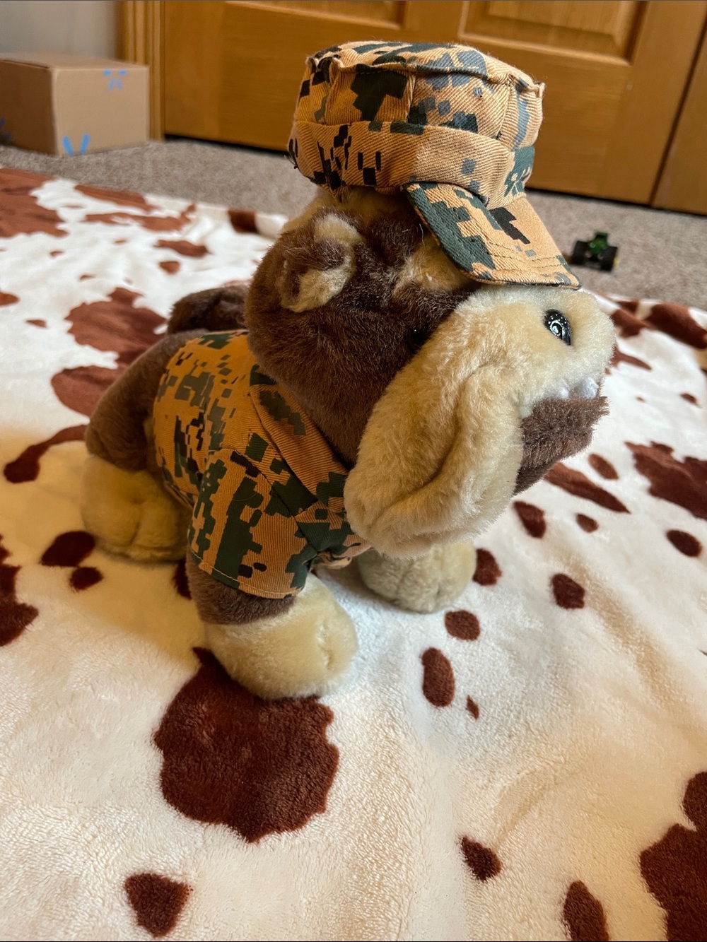 Plush Bulldog Toy in Brown Camo Outfit